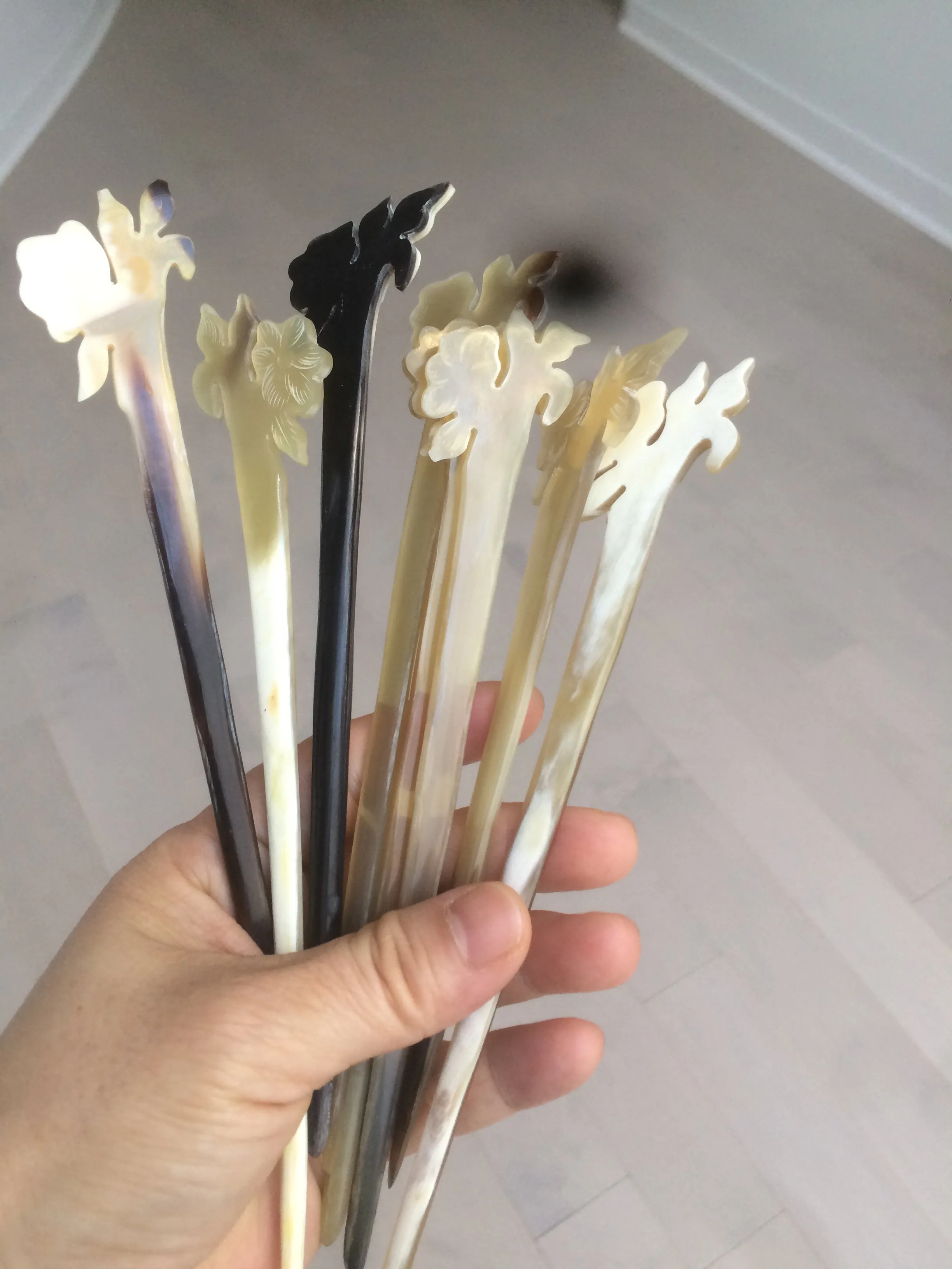 100% Natural Buffalo Horn carved flower stick hairpin CB61 (Add on item! not sale individually)