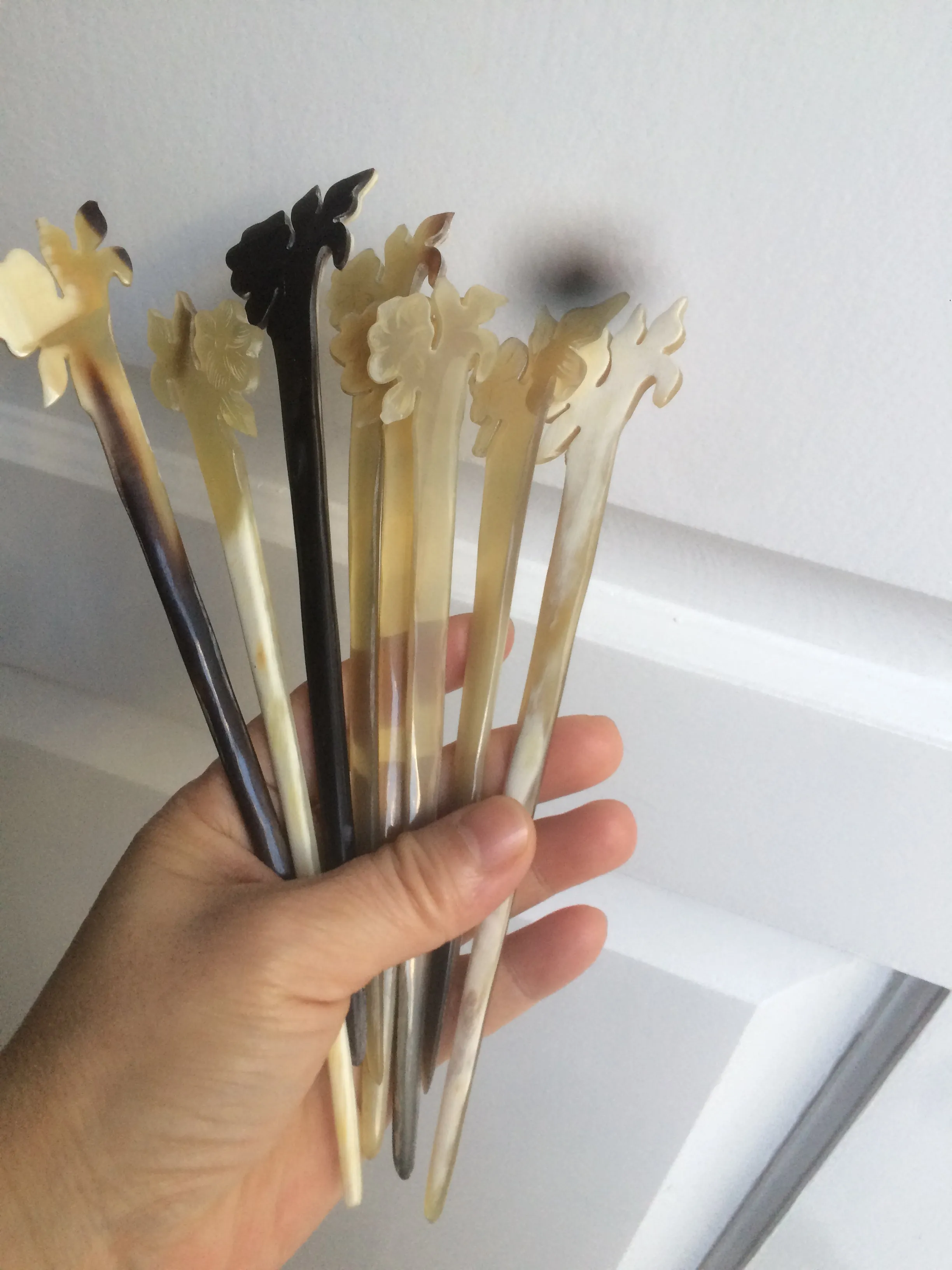 100% Natural Buffalo Horn carved flower stick hairpin CB61 (Add on item! not sale individually)