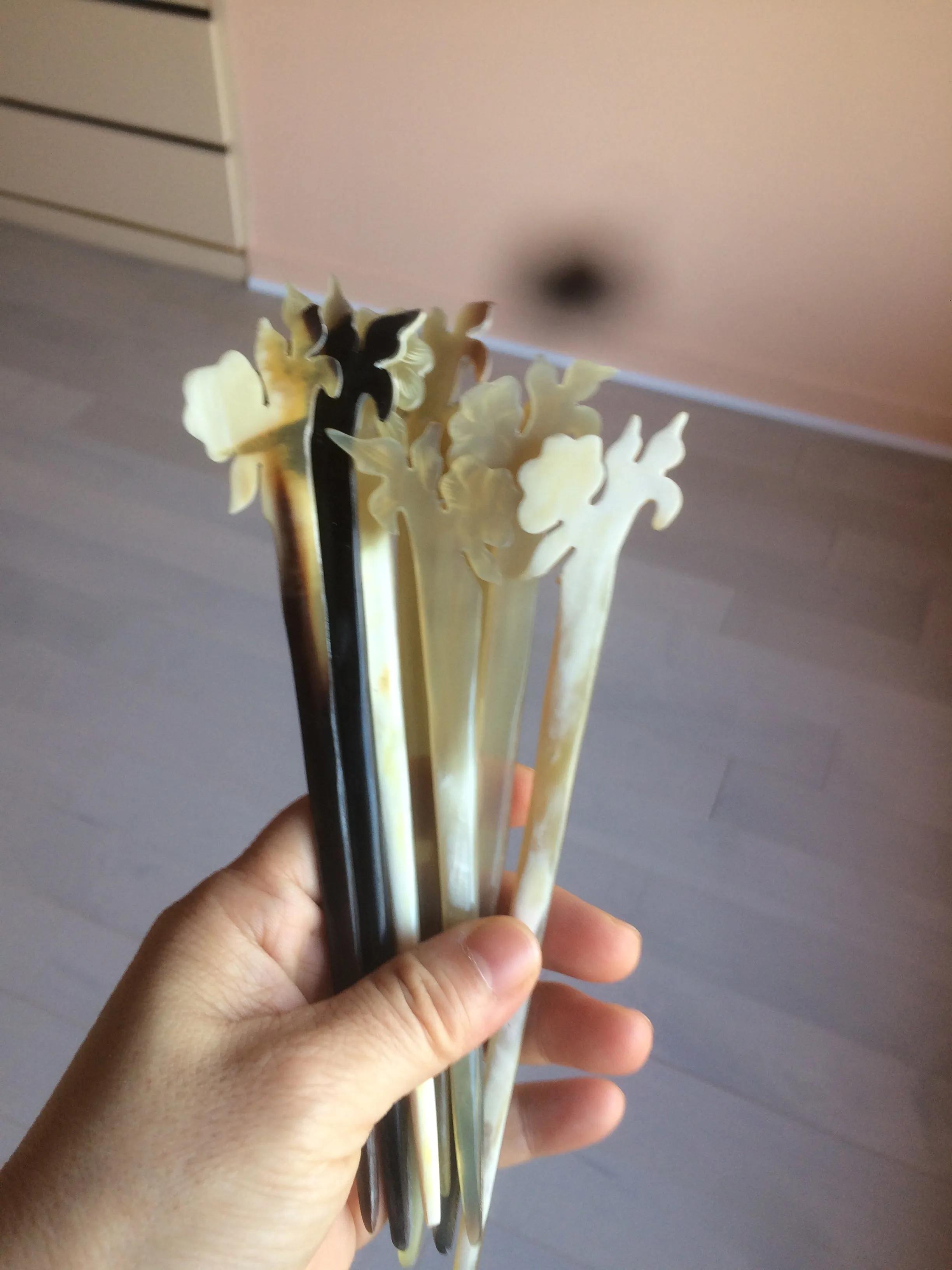 100% Natural Buffalo Horn carved flower stick hairpin CB61 (Add on item! not sale individually)