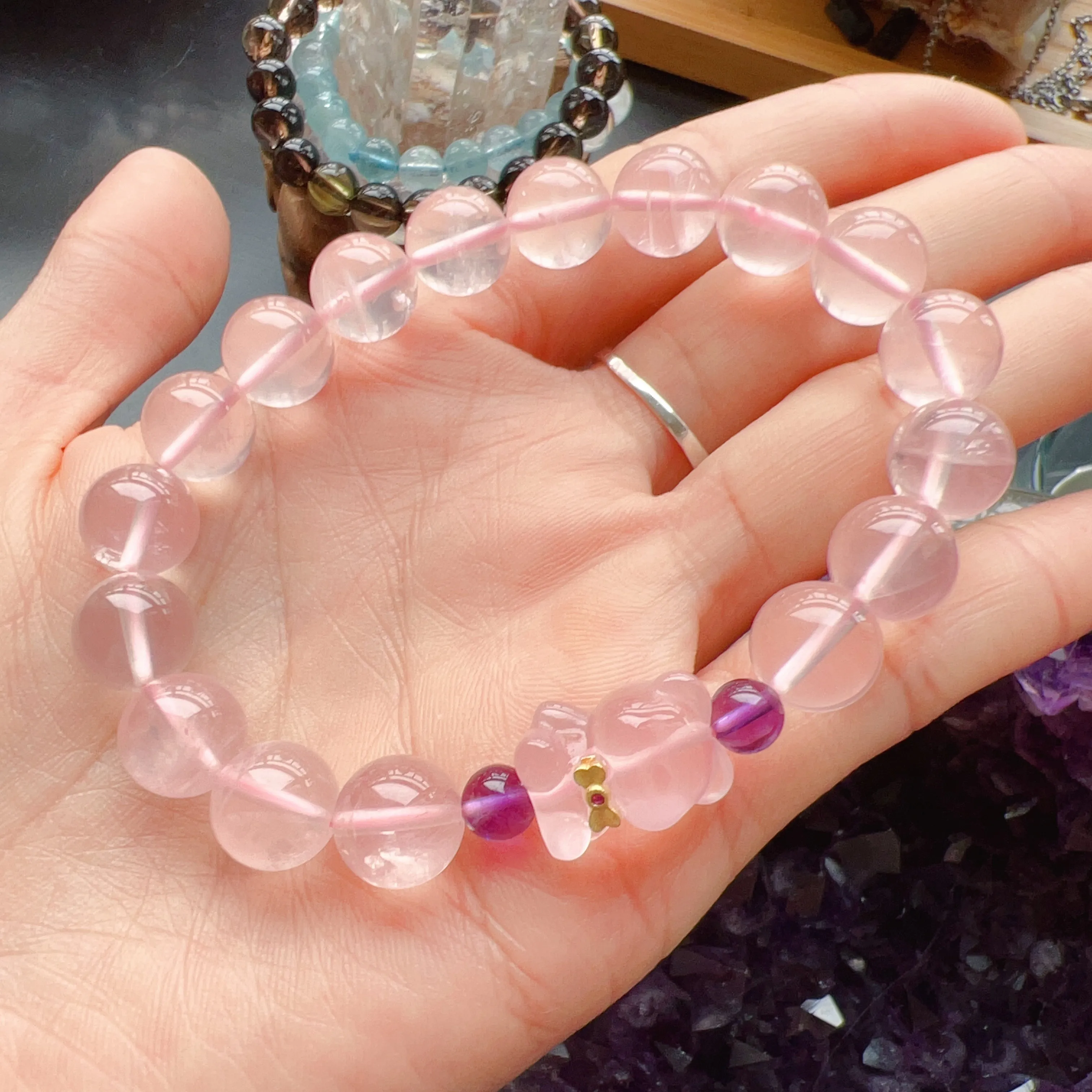 10mm Mozambique Rose Quartz Beaded Bracelet with Gummy Bear Charm | Custom-made Heart Chakra Jewelry