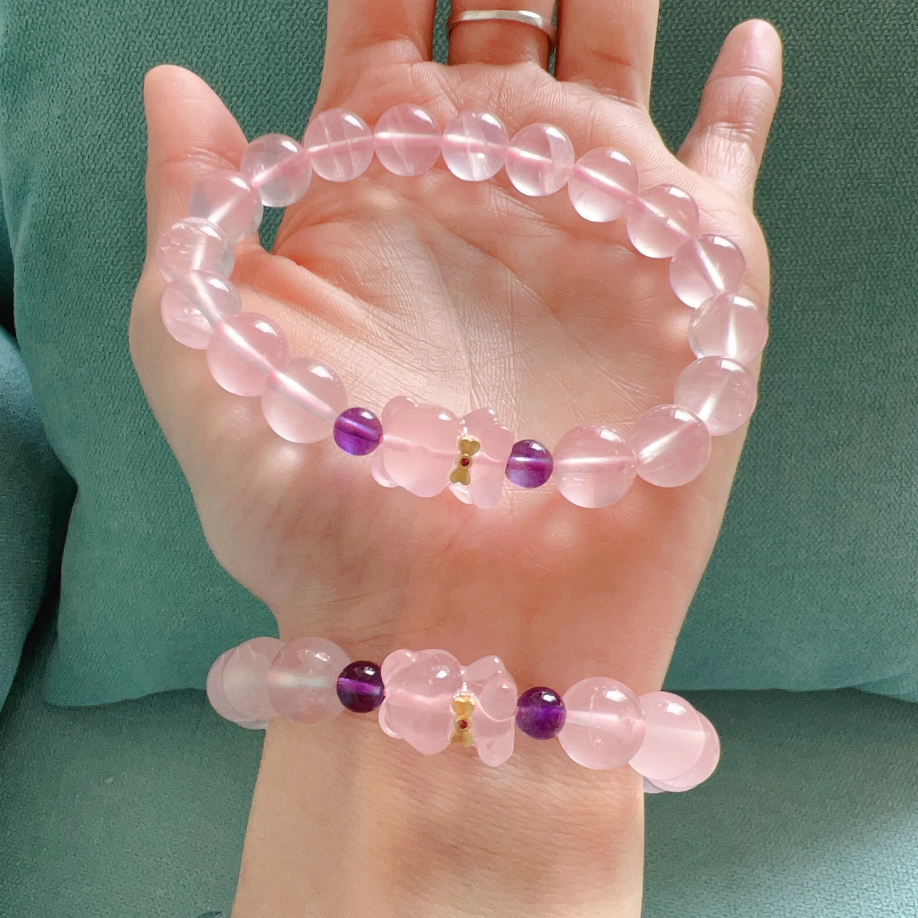 10mm Mozambique Rose Quartz Beaded Bracelet with Gummy Bear Charm | Custom-made Heart Chakra Jewelry