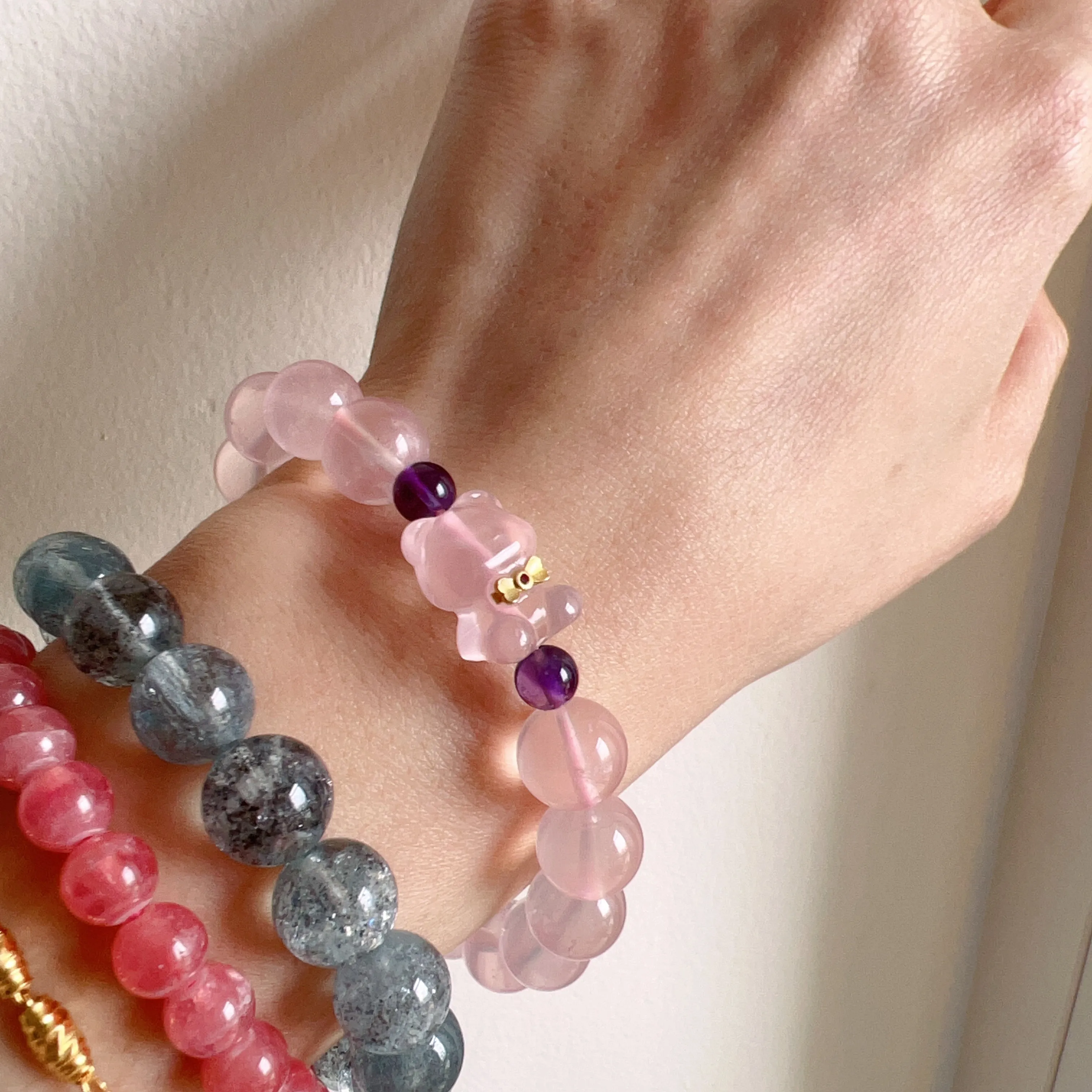 10mm Mozambique Rose Quartz Beaded Bracelet with Gummy Bear Charm | Custom-made Heart Chakra Jewelry