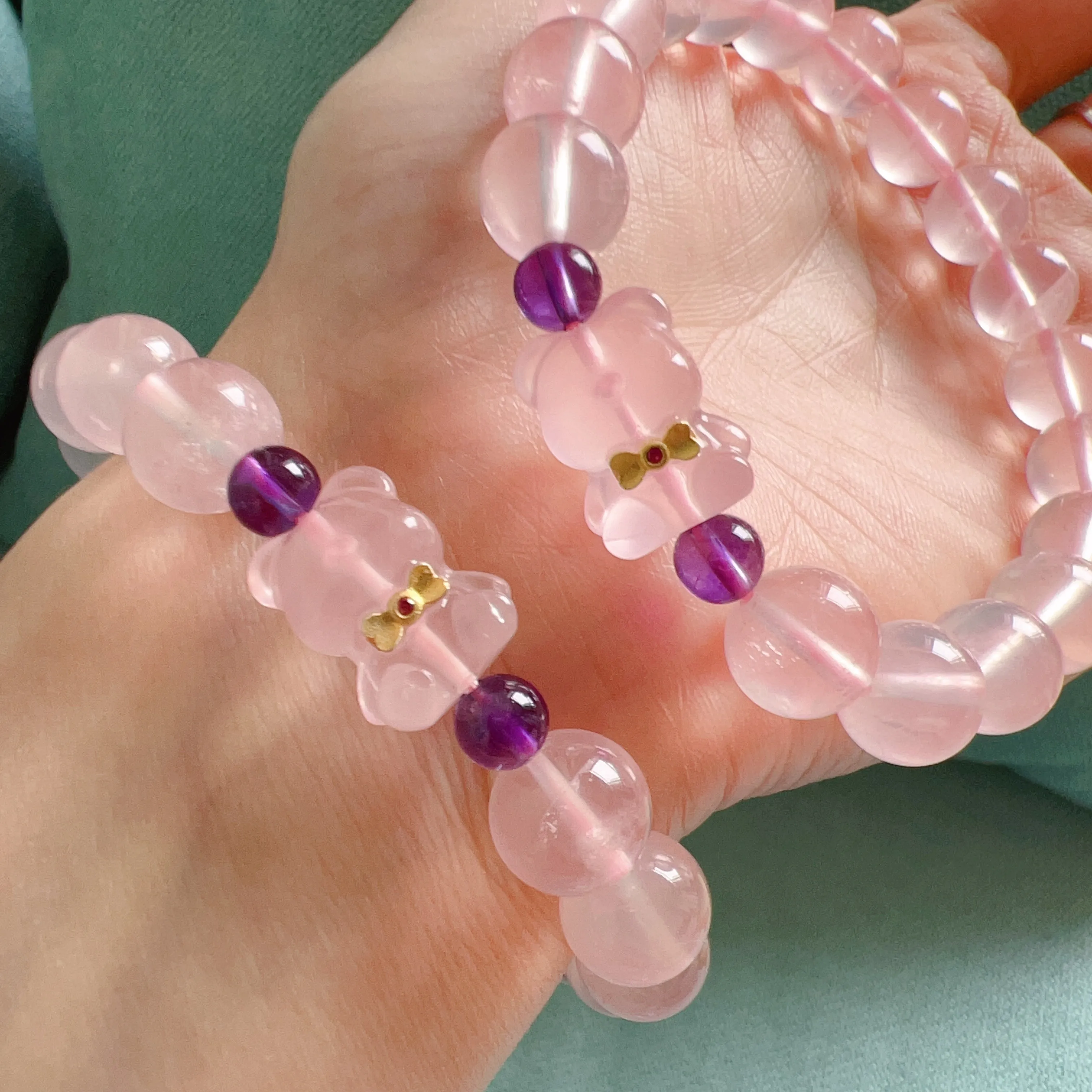 10mm Mozambique Rose Quartz Beaded Bracelet with Gummy Bear Charm | Custom-made Heart Chakra Jewelry