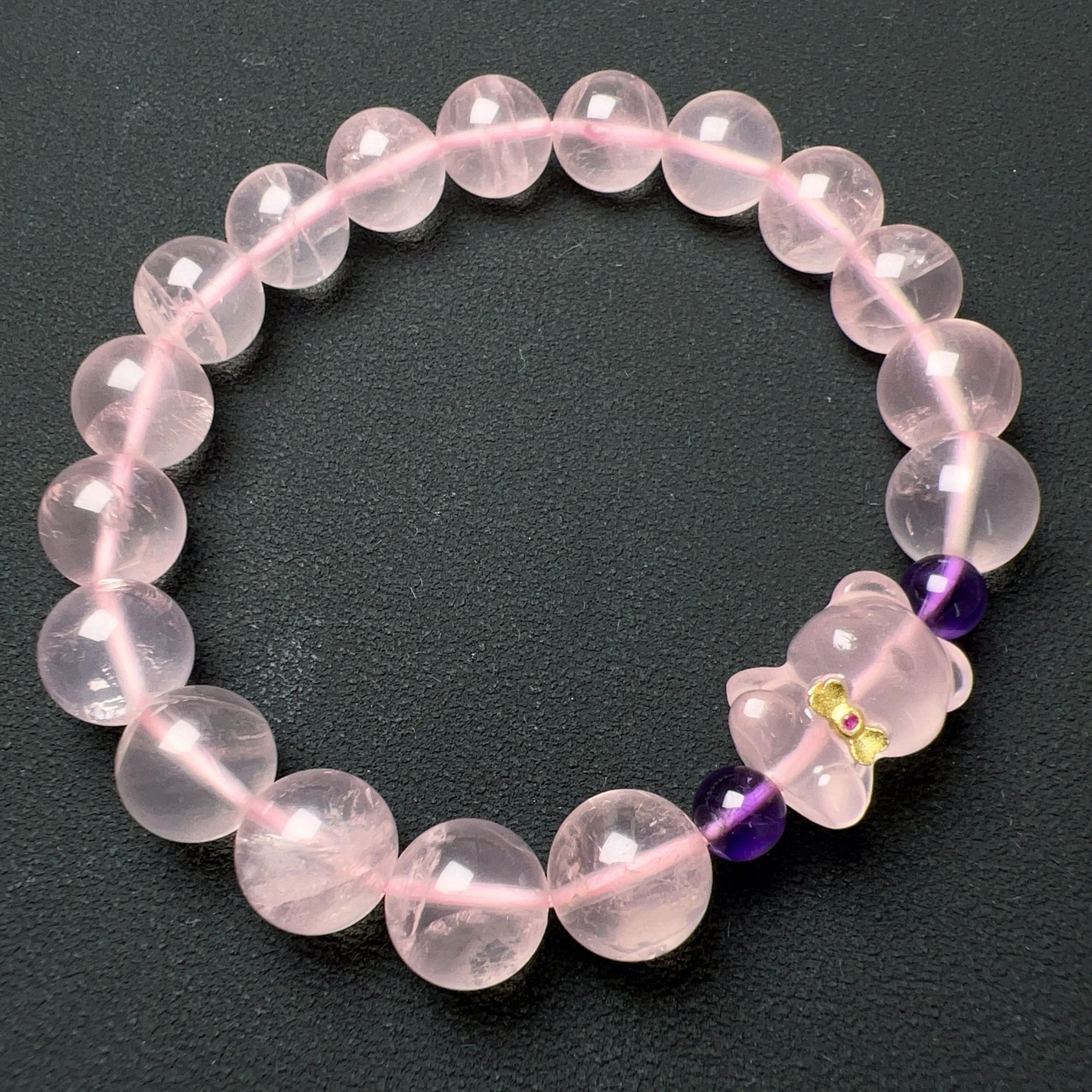 10mm Mozambique Rose Quartz Beaded Bracelet with Gummy Bear Charm | Custom-made Heart Chakra Jewelry