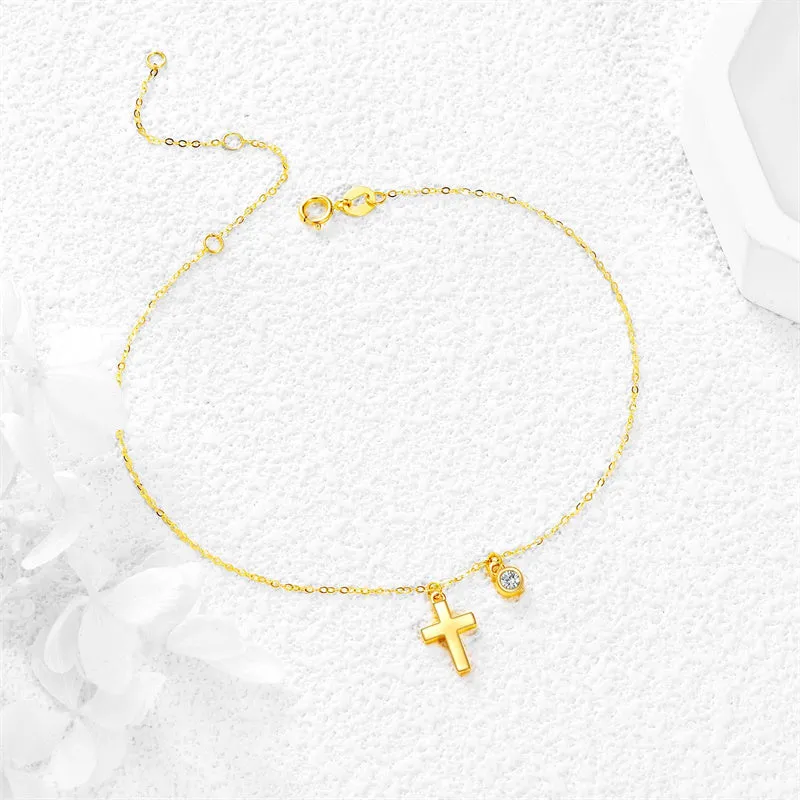 14k Gold Cross Ankle Bracelets Yellow Gold Religious Cross Anklets Fine Gold Adjustable Link Chain Anklet Jewellery Gifts for Women Girls