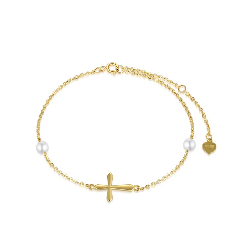 14k Gold Cross Anklets for Women, Real Pearl Religious Ankle Bracelet Gifts for Her, 9.4 0.8 0.8