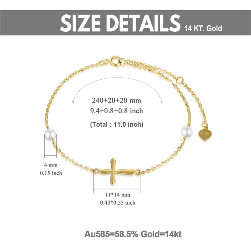 14k Gold Cross Anklets for Women, Real Pearl Religious Ankle Bracelet Gifts for Her, 9.4 0.8 0.8