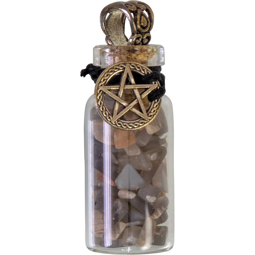 1.75" Gemstone Chip Bottle Necklace - Black Moonstone with Pentacle