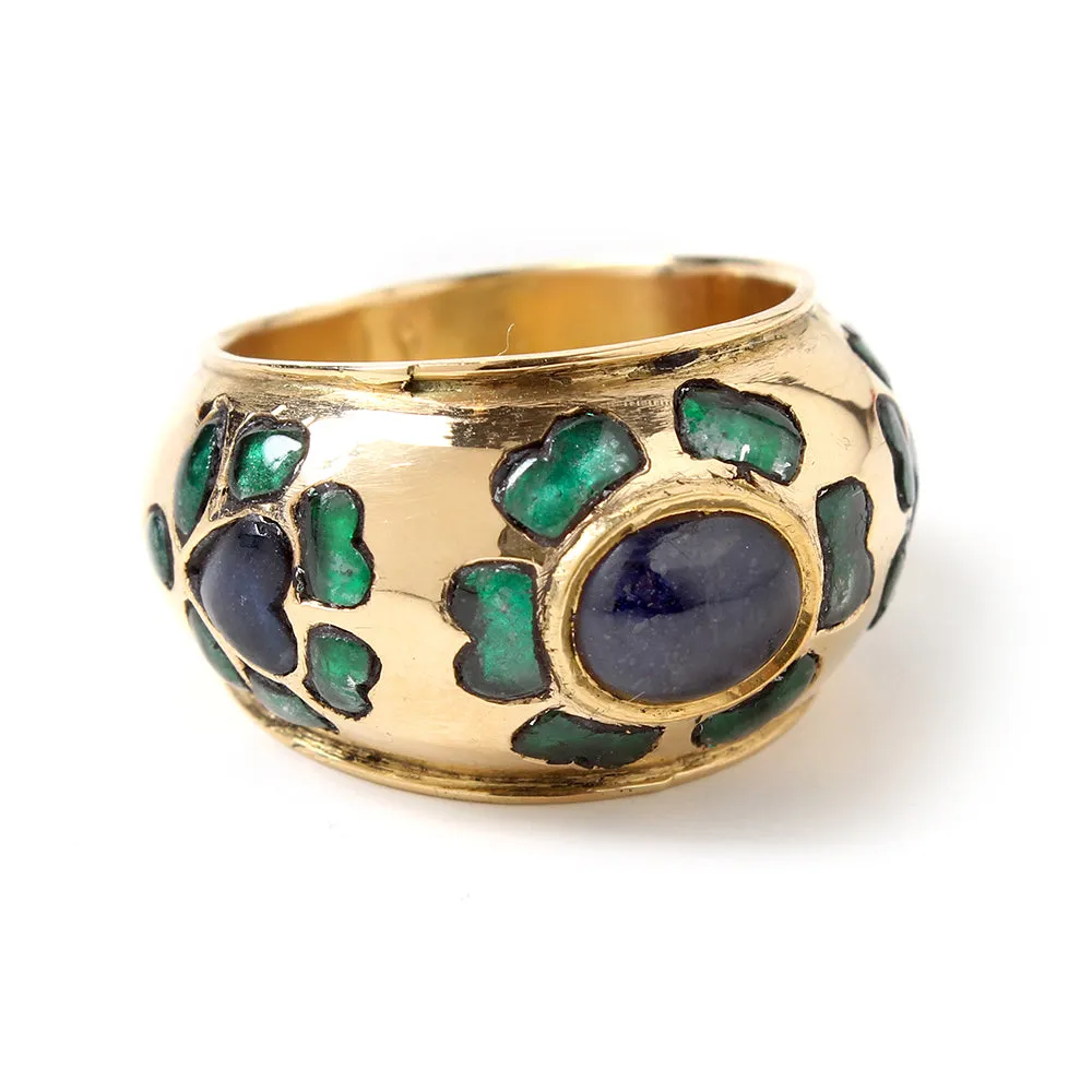 18k Gold Blue Sapphire and Emerald Darpana Ring