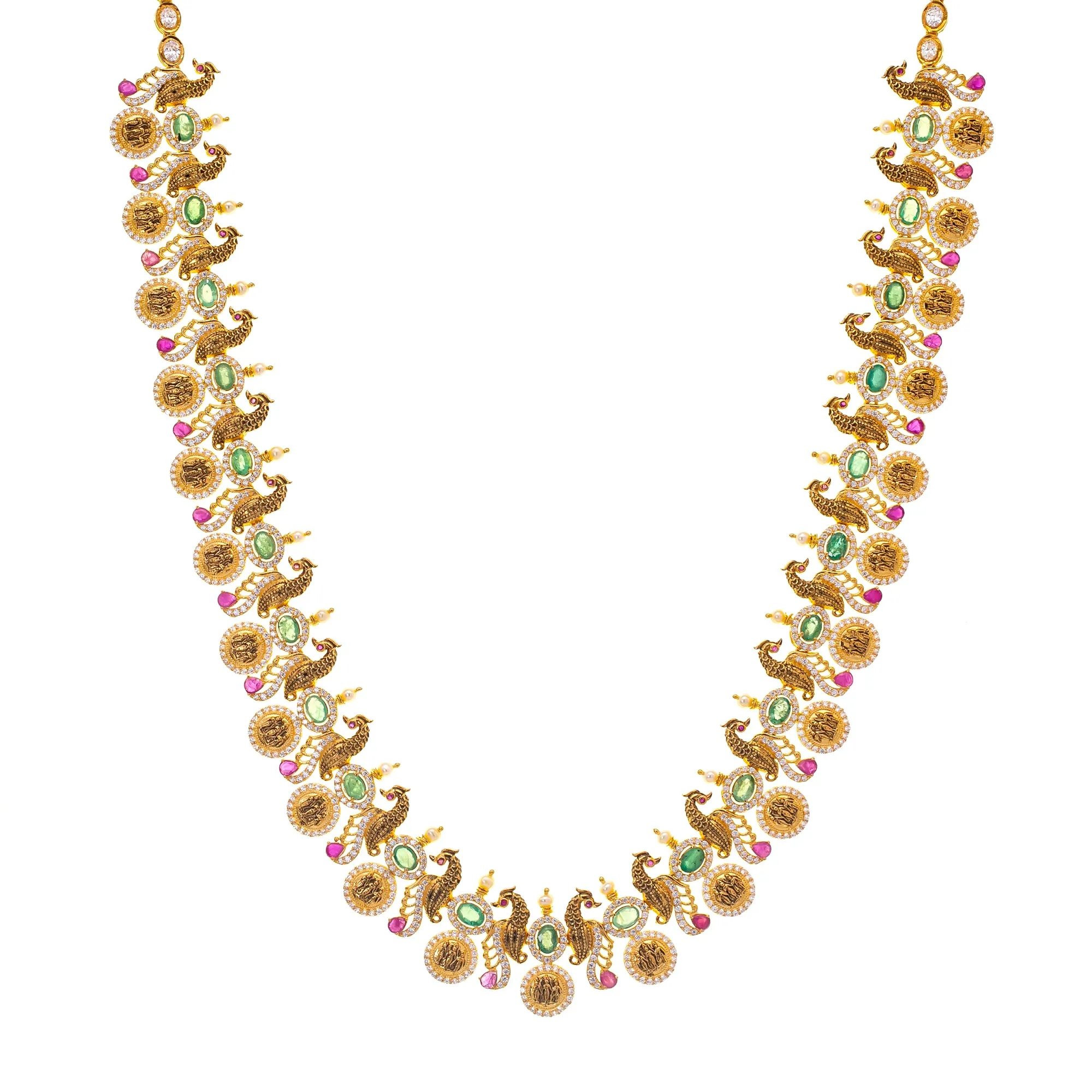 22K Gold & Gemstone Long Kasu Necklace Set (85.5gm)