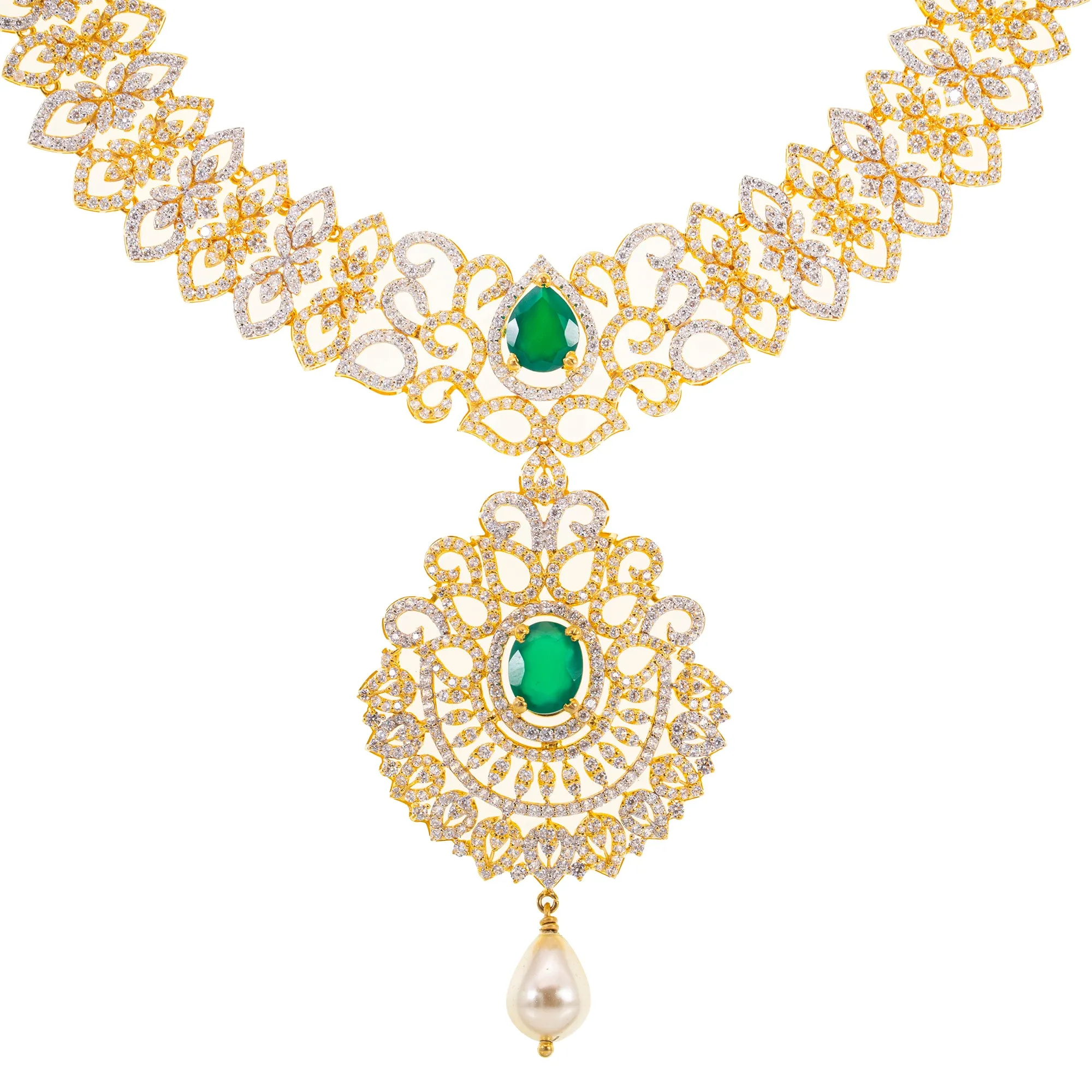 22K Yellow Gold, Emerald, & CZ Necklace (91.5gm)