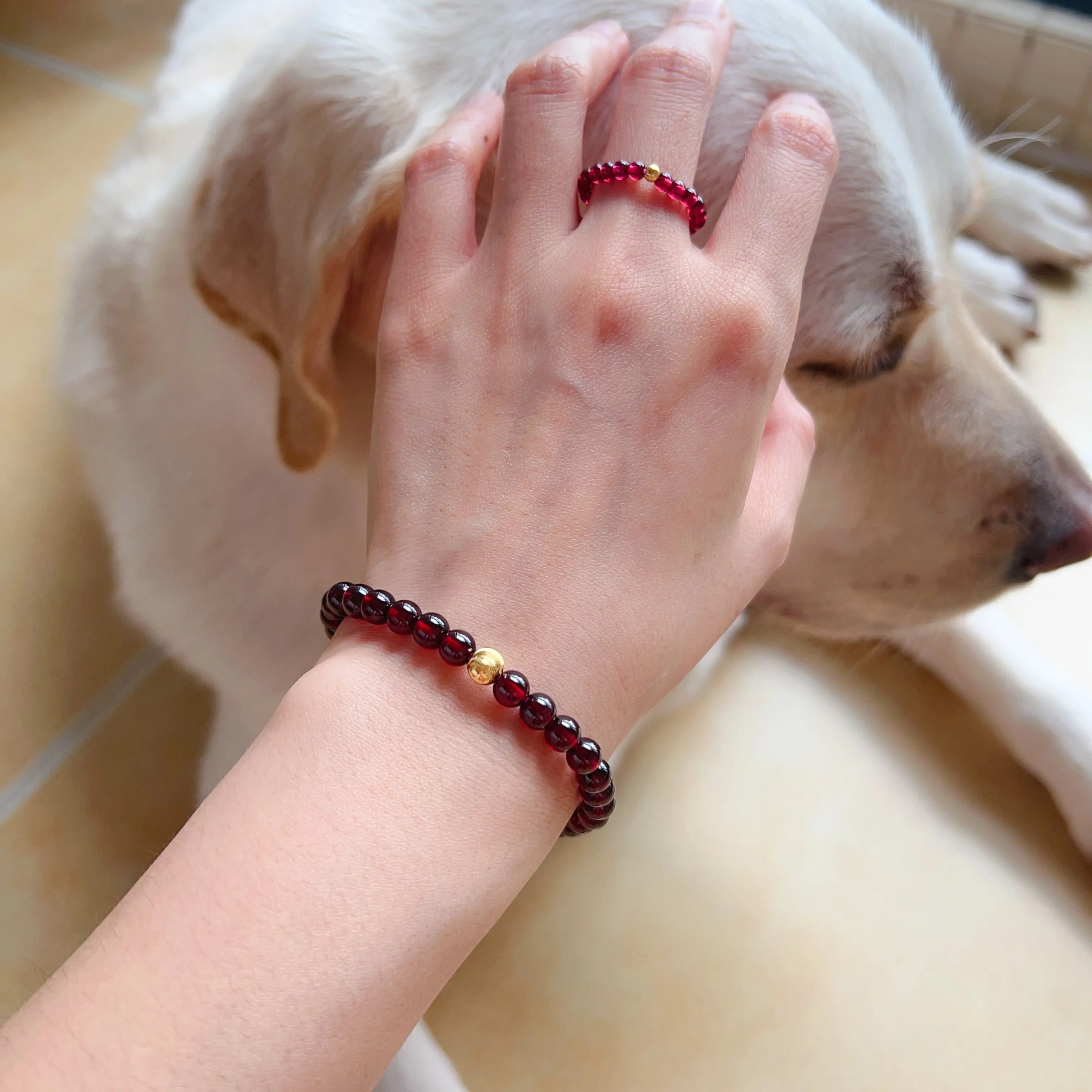 6mm Protection Red Garnet Bracelet with 18K Yellow Gold | Root Chakra Healing Stone Jewelry