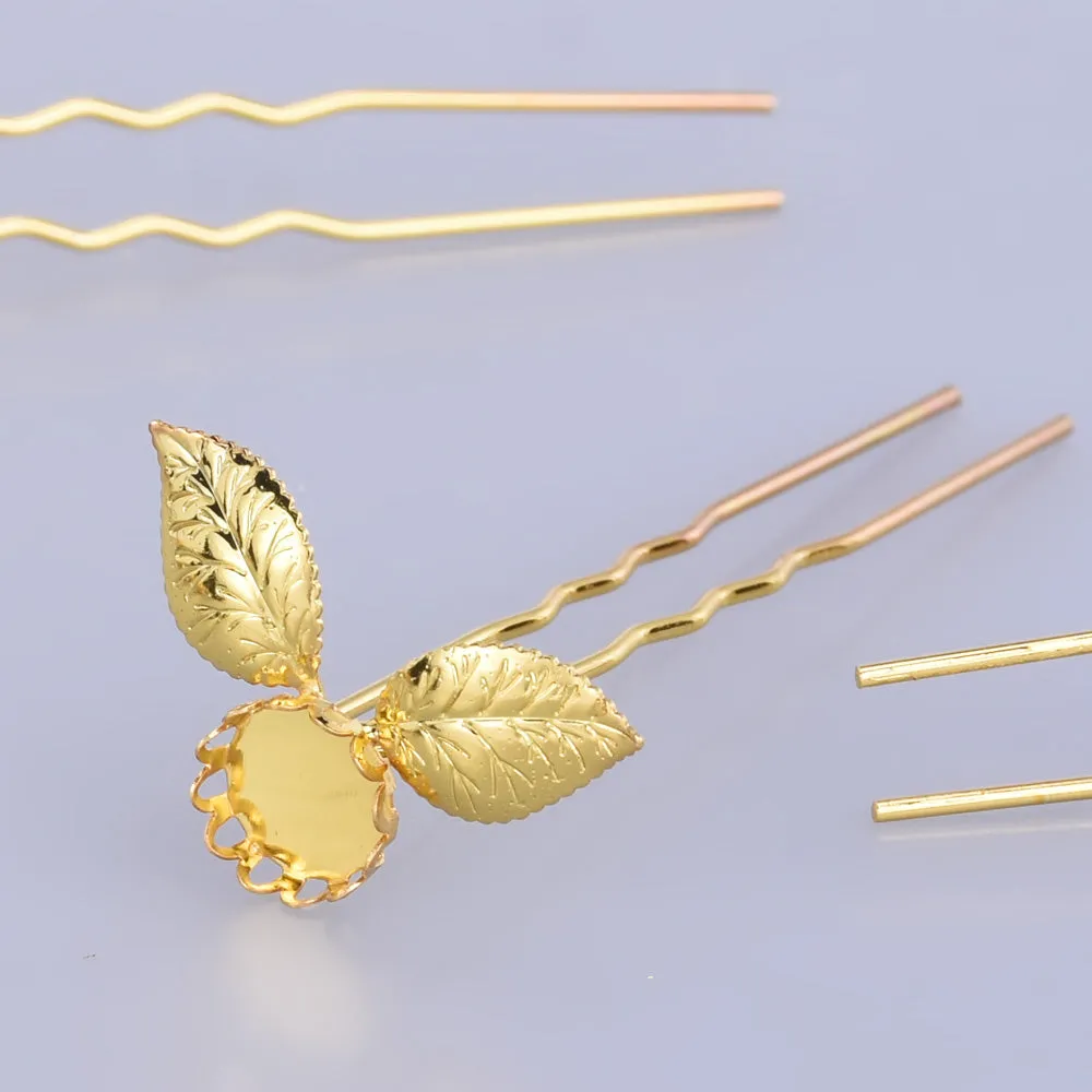 75mm Brass Cameo Setting Hair Pins with 10mm bezel blank hair pins U style Hairpin Wedding hair pin gold 10pcs