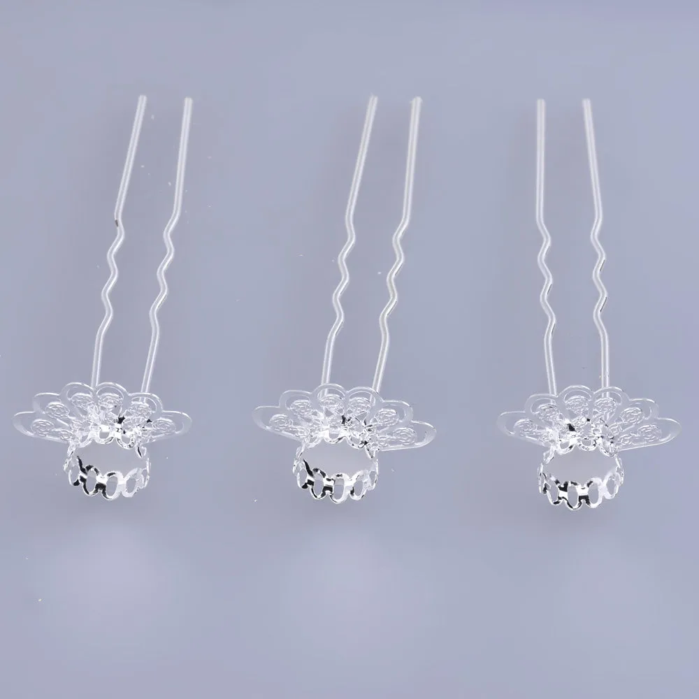 75mm U style Hairpin Making Wedding Hair Accessories 10mm bezel Hair forks Hair Pin Hair Stick silver 10pcs