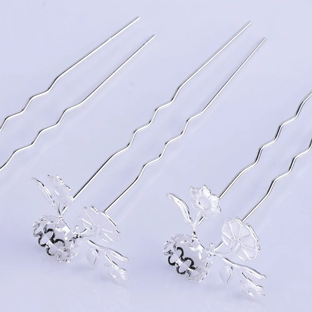 75mm U style Hairpin Making Wedding Hair Accessories with 10mm Base Hair forks Hair Stick Bobby Pins silver 10pcs