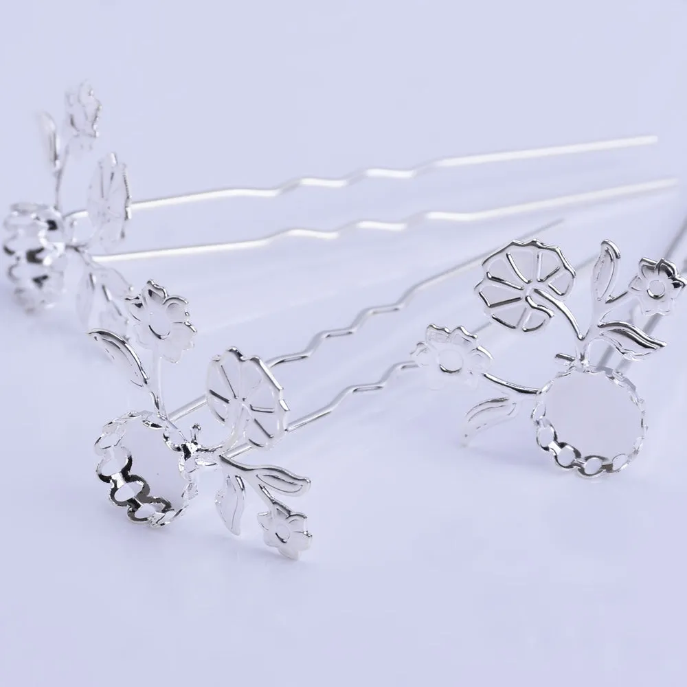 75mm U style Hairpin Making Wedding Hair Accessories with 10mm Base Hair forks Hair Stick Bobby Pins silver 10pcs