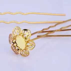 75mm U style Hairpin with 10mm Cameo Base Clips Hair Bobby U Pins Wedding Hair Pins gold 10pcs