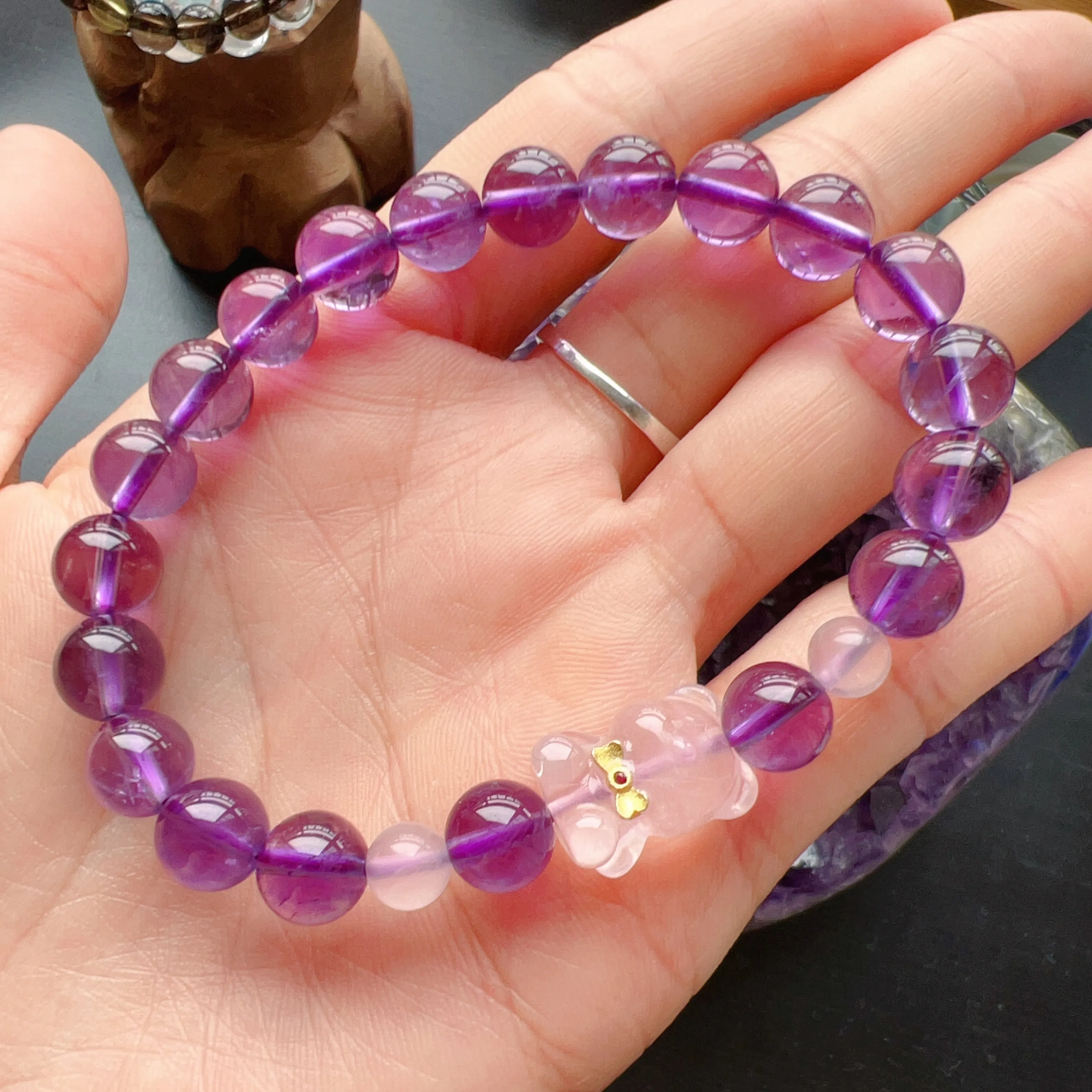 8mm Natural Amethyst Healing Crystal Bracelet with Gummy Bear Charm | Custom-made Crown Chakra Jewelry