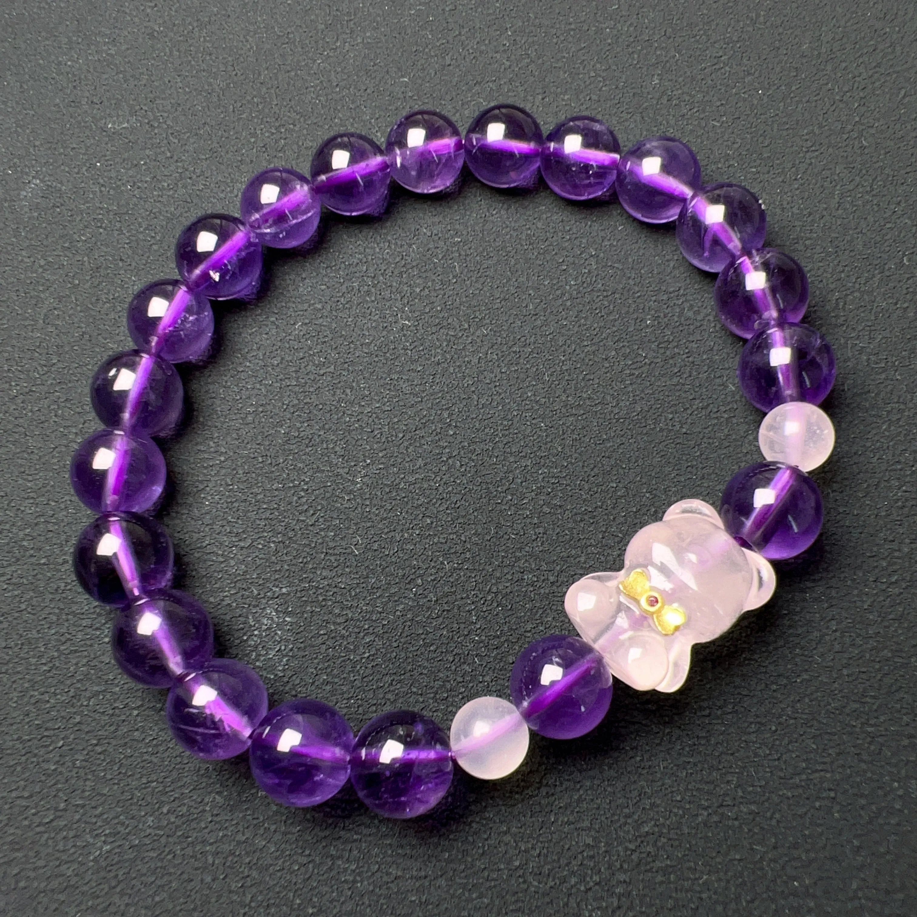 8mm Natural Amethyst Healing Crystal Bracelet with Gummy Bear Charm | Custom-made Crown Chakra Jewelry