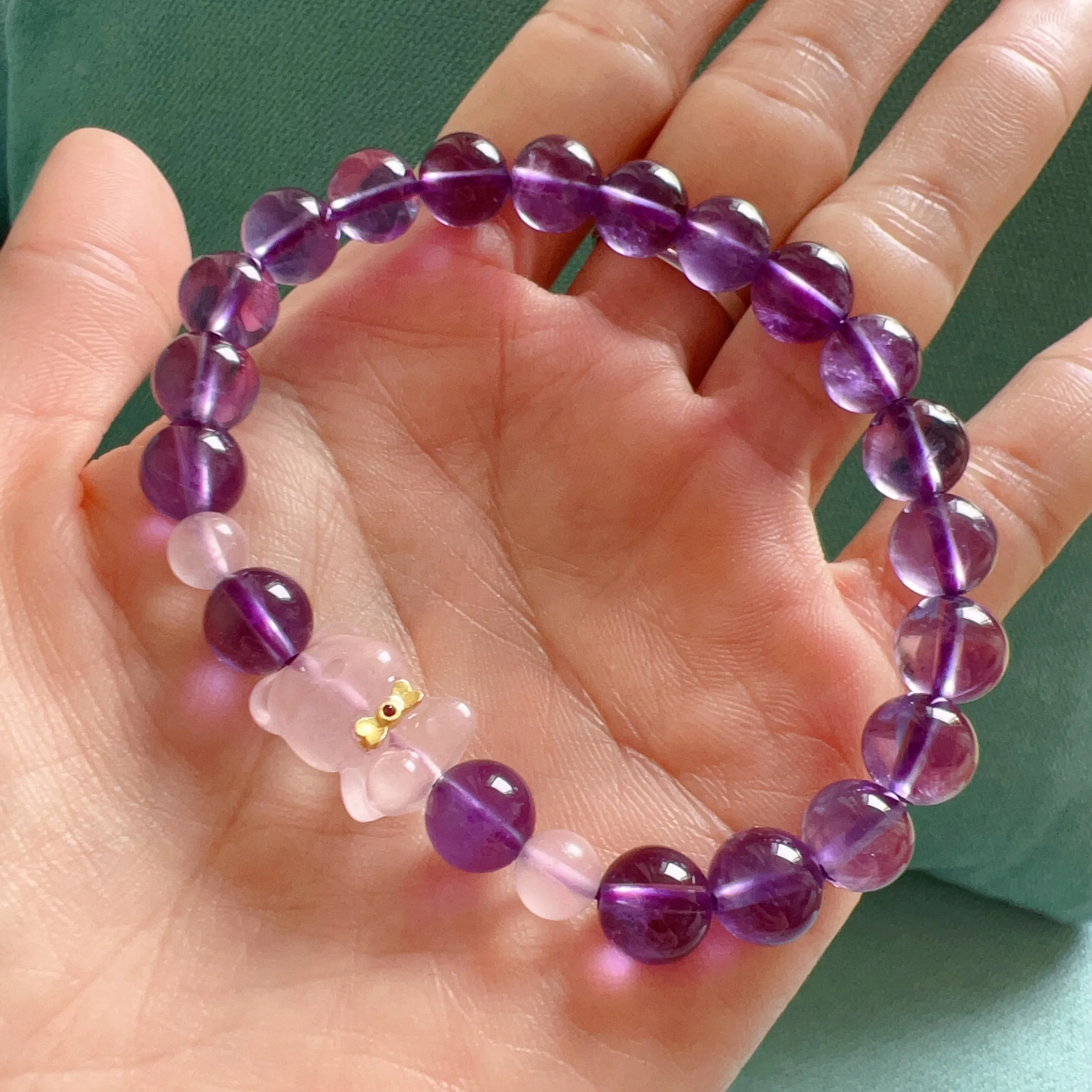 8mm Natural Amethyst Healing Crystal Bracelet with Gummy Bear Charm | Custom-made Crown Chakra Jewelry