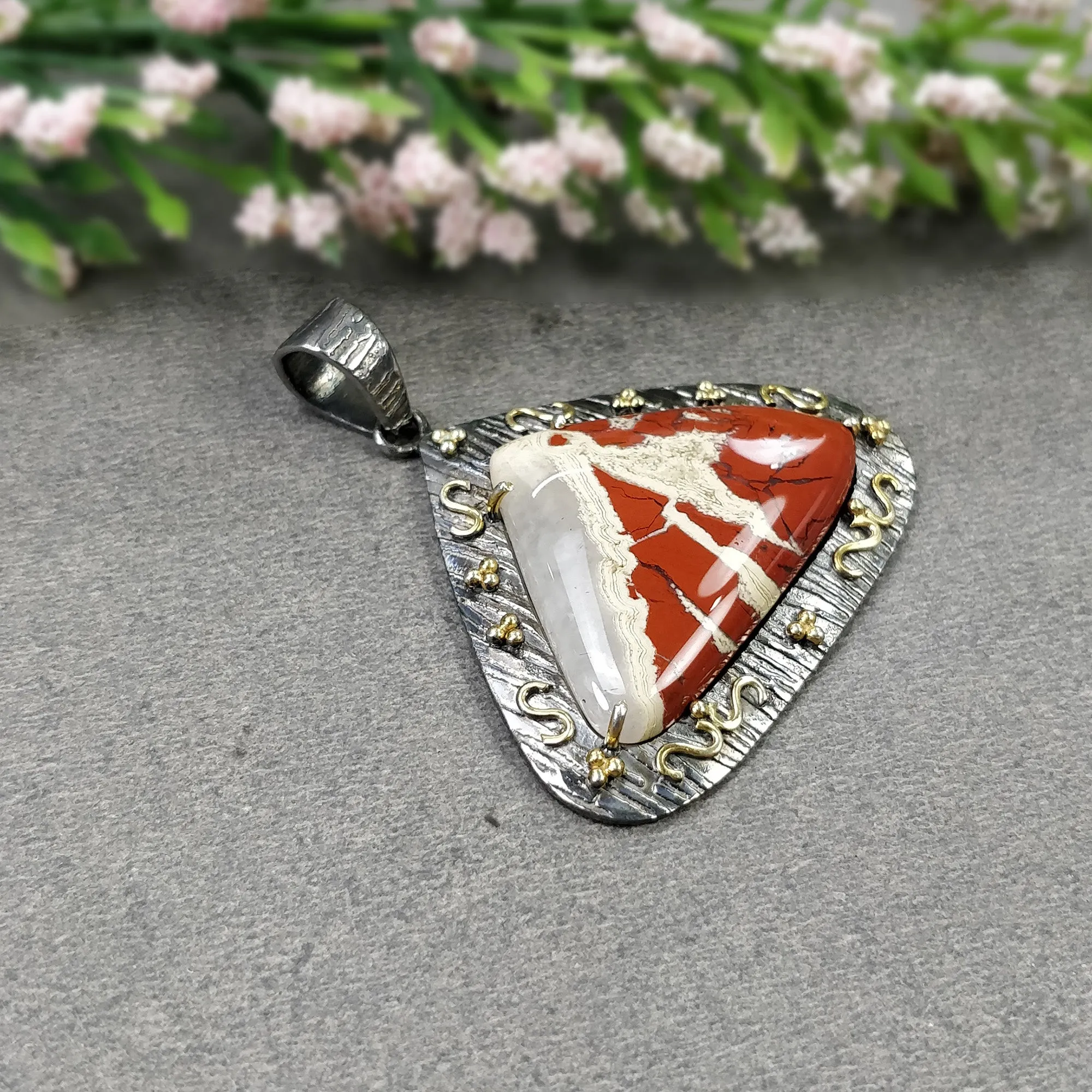 925 Sterling Silver & Gold Plated PENDANT : 11.590gms Natural Untreated RED JASPER Gemstone Cabochon Prong Set Pendant 1.75"