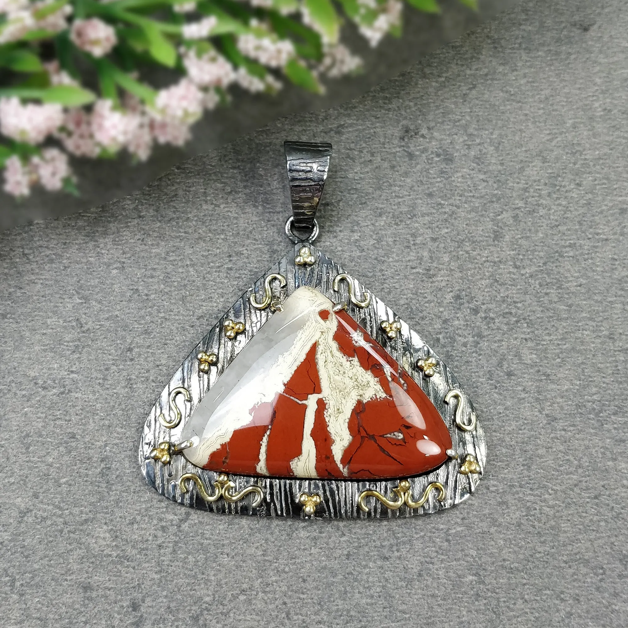 925 Sterling Silver & Gold Plated PENDANT : 11.590gms Natural Untreated RED JASPER Gemstone Cabochon Prong Set Pendant 1.75"