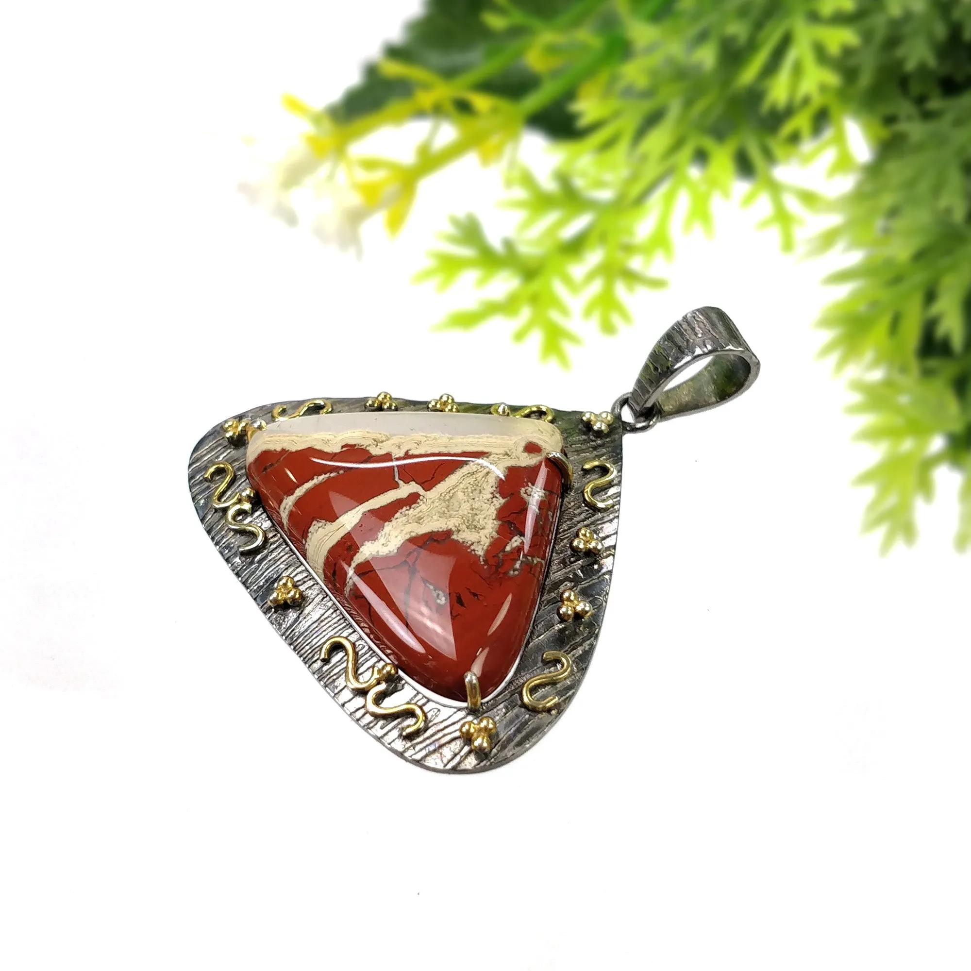 925 Sterling Silver & Gold Plated PENDANT : 11.590gms Natural Untreated RED JASPER Gemstone Cabochon Prong Set Pendant 1.75"