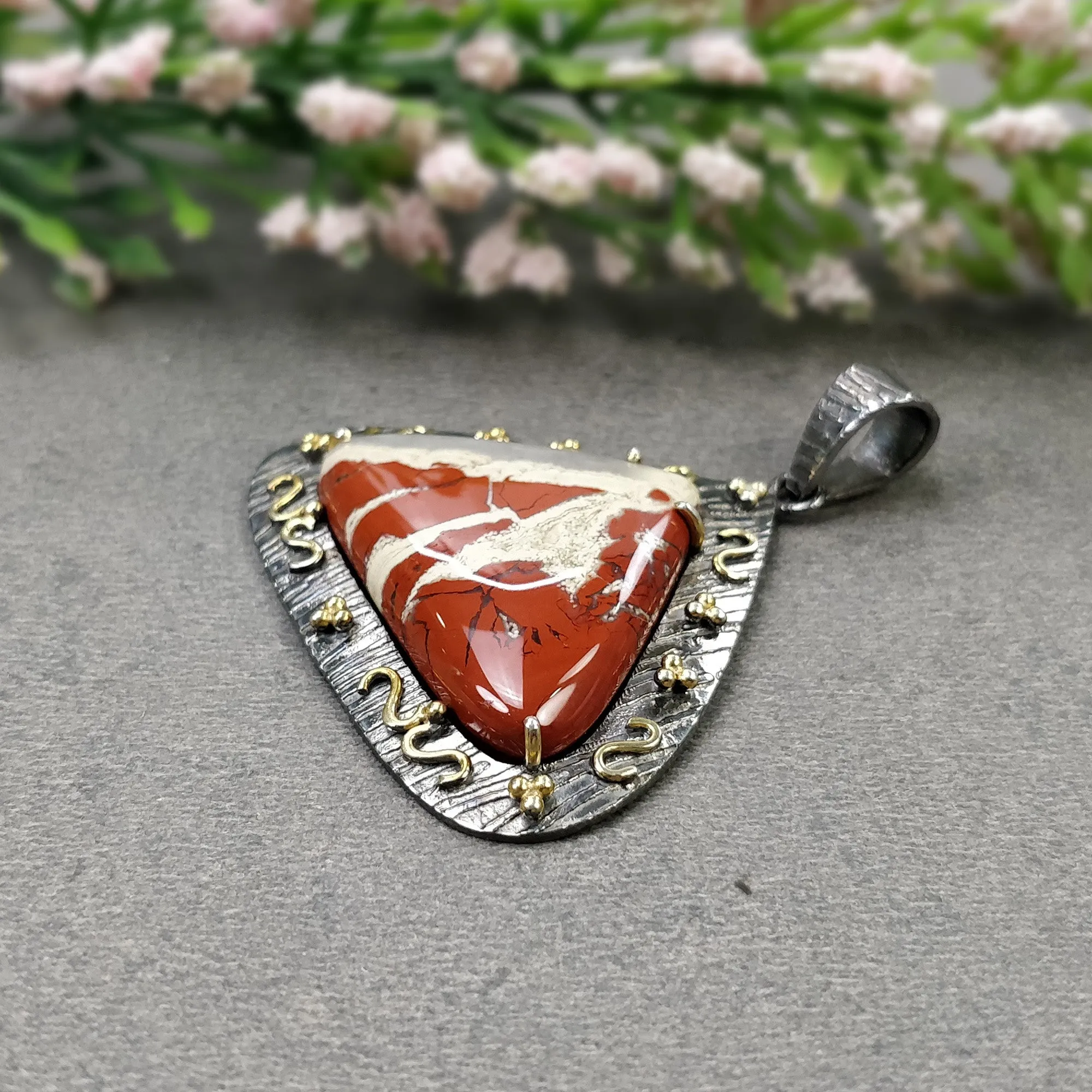 925 Sterling Silver & Gold Plated PENDANT : 11.590gms Natural Untreated RED JASPER Gemstone Cabochon Prong Set Pendant 1.75"