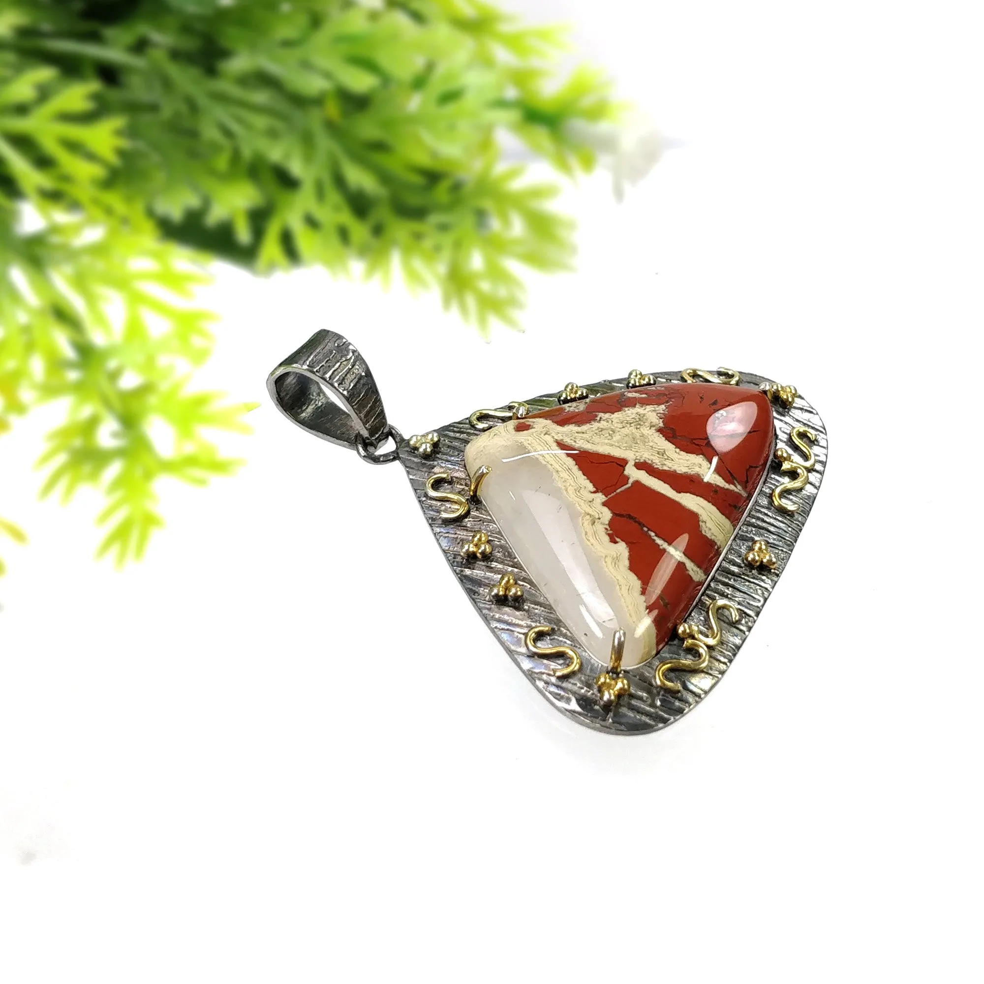 925 Sterling Silver & Gold Plated PENDANT : 11.590gms Natural Untreated RED JASPER Gemstone Cabochon Prong Set Pendant 1.75"