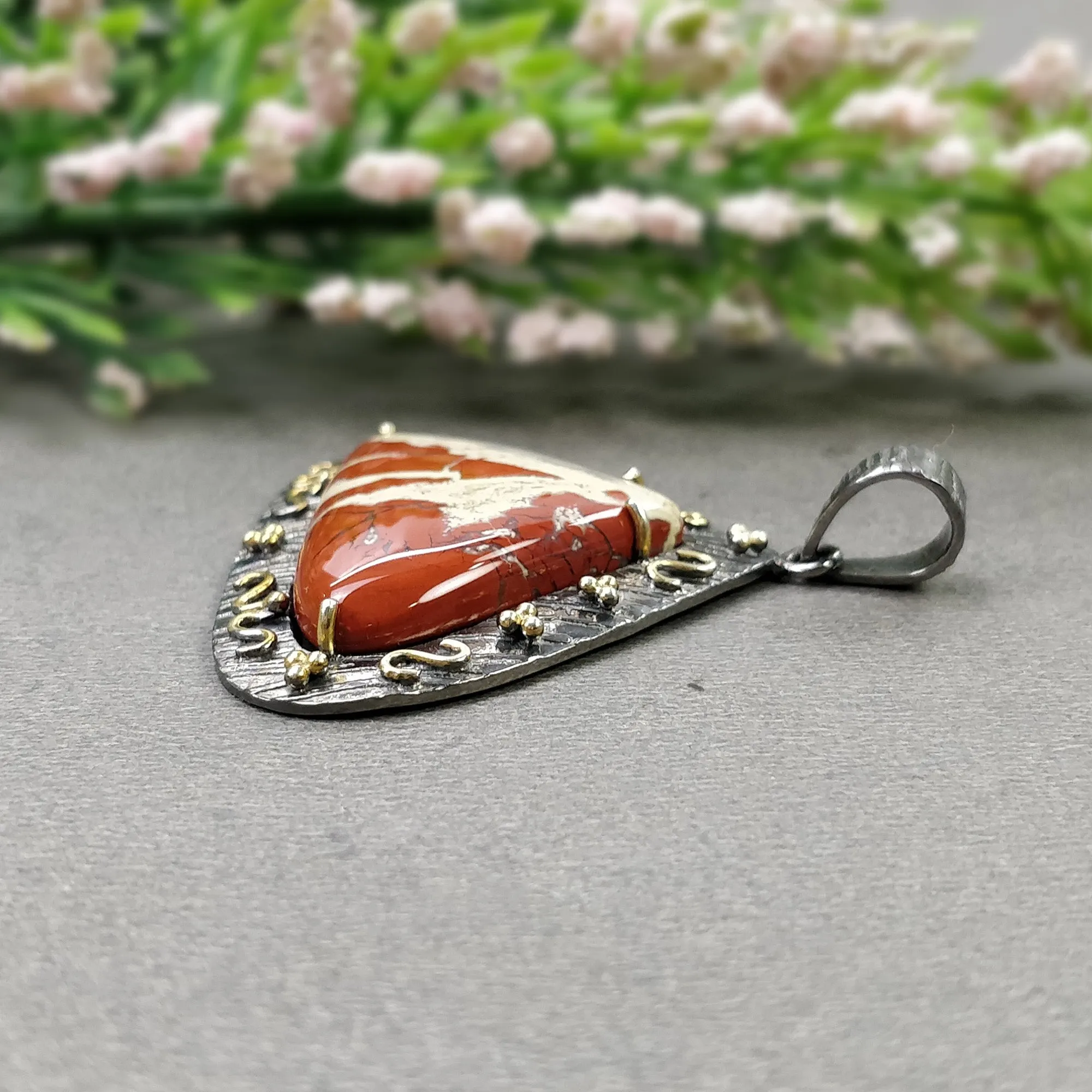 925 Sterling Silver & Gold Plated PENDANT : 11.590gms Natural Untreated RED JASPER Gemstone Cabochon Prong Set Pendant 1.75"