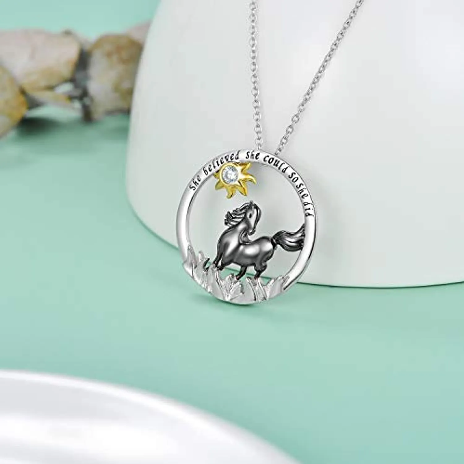 925 Sterling Silver Black Horse Necklace for Women Girls Friends