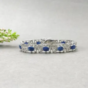 925 Sterling Silver Bracelet : 25.41gms Natural Blue Sapphire Gemstone With CZ Oval Normal Cut Prong Set Tennis Bracelet 7.25"