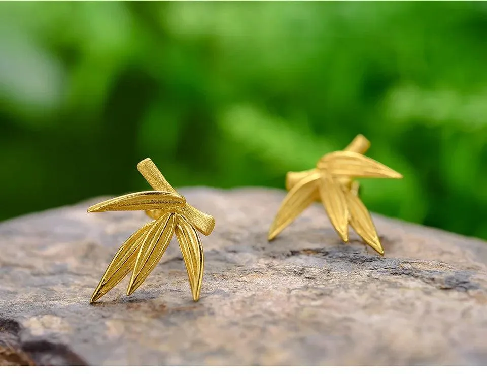 925 Sterling Silver Charm Jewelry: LFJA0114 Bamboo Leaves Earrings