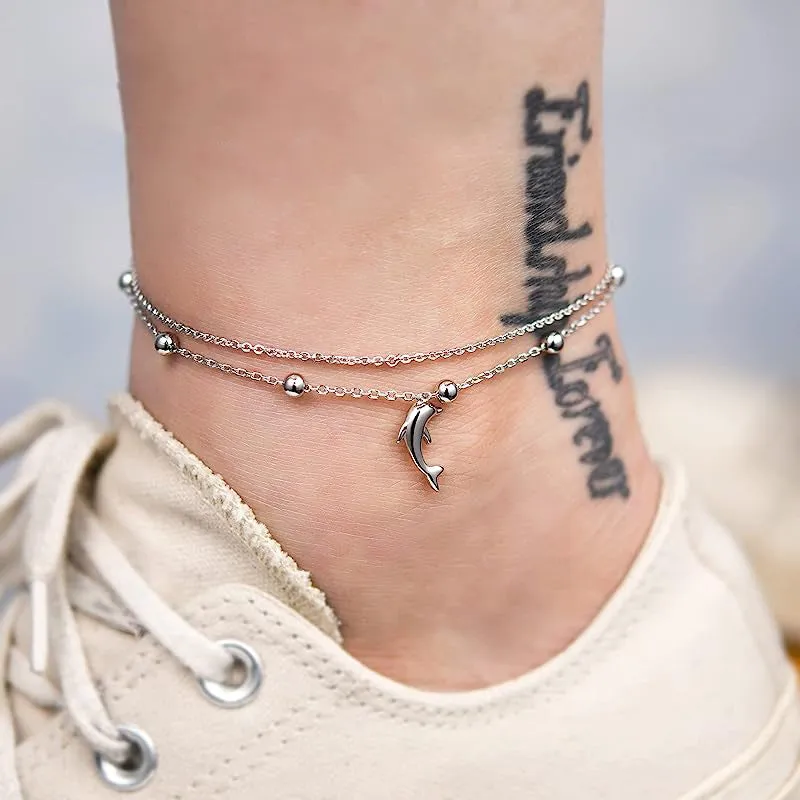 925 Sterling Silver Dolphin Anklet Bracelet Dainty Beaded Chain Anklet Adjustable  for Women