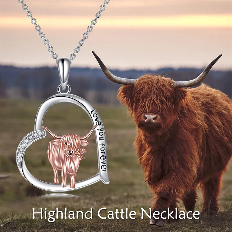 925 Sterling Silver Highland Cow Necklace Heart Cow Pendant Gifts for Women Girls