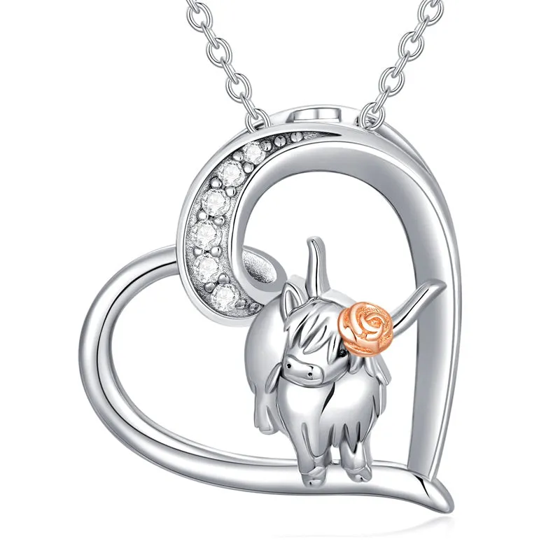 925 Sterling Silver Highland Cow Necklace Heart Cow Pendant Gifts for Women Girls