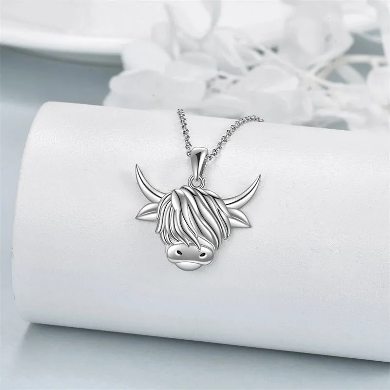 925 Sterling Silver Highland Cow Necklace Heart Cow Pendant Gifts for Women Girls