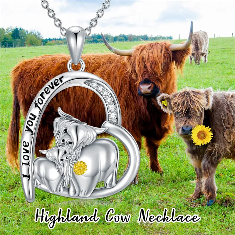 925 Sterling Silver Highland Cow Necklace Heart Cow Pendant Gifts for Women Girls