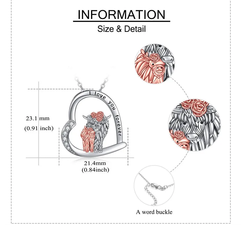 925 Sterling Silver Highland Cow Necklace Heart Cow Pendant Gifts for Women Girls