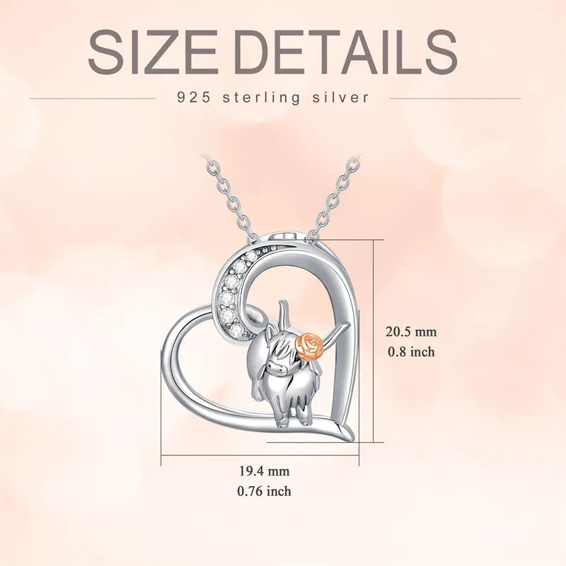 925 Sterling Silver Highland Cow Necklace Heart Cow Pendant Gifts for Women Girls