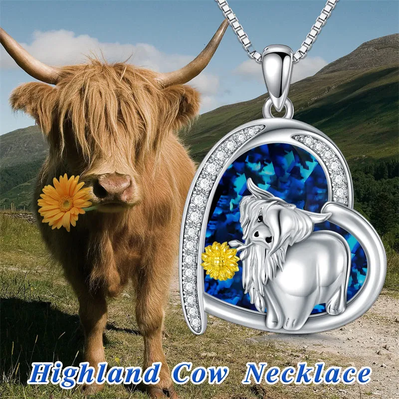 925 Sterling Silver Highland Cow Necklace Heart Cow Pendant Gifts for Women Girls