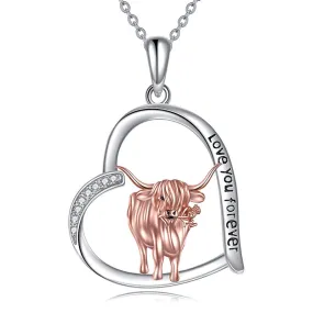 925 Sterling Silver Highland Cow Necklace Heart Cow Pendant Gifts for Women Girls