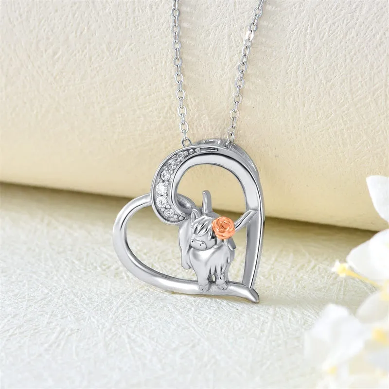 925 Sterling Silver Highland Cow Necklace Heart Cow Pendant Gifts for Women Girls