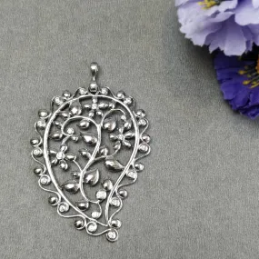 925 Sterling Silver With Cubic Zirconia Pendant : 10.67gms Fashion Jewellry Single Side Floral Leaf Pendant 2.5" Gift For Her