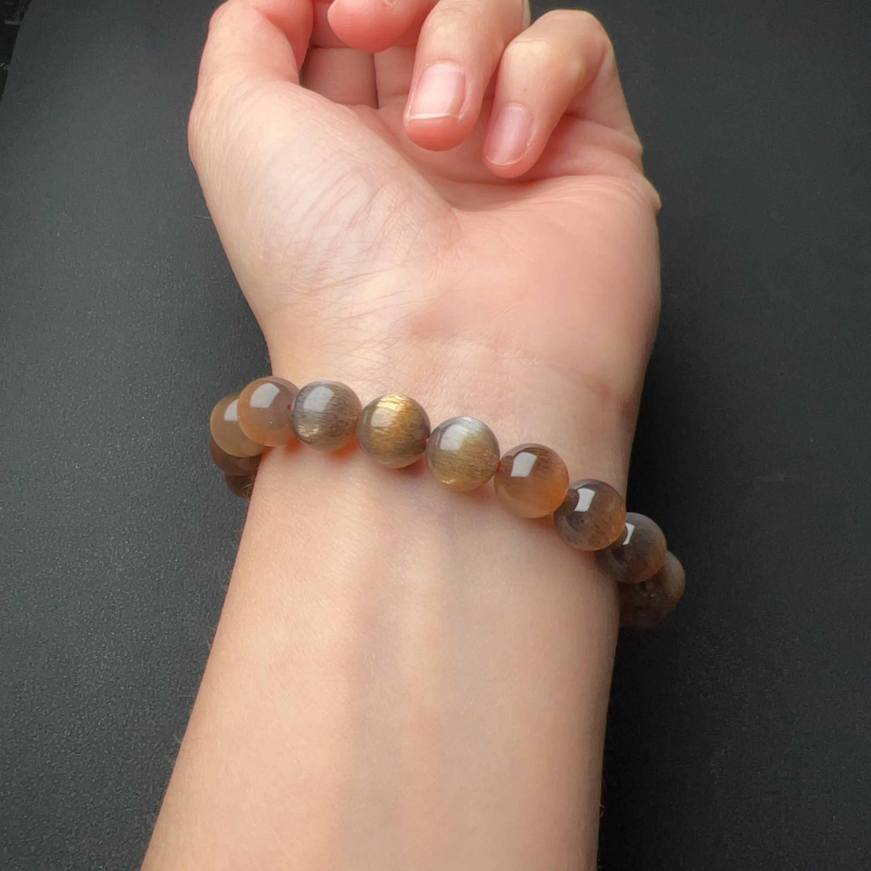 9mm High-quality Golden Skeleton with Sunstone Inclusion Crystal Bracelet | Handmade Healing Crystal Jewelry | Bring Positivity Energy Like The Sun Sacral Chakra