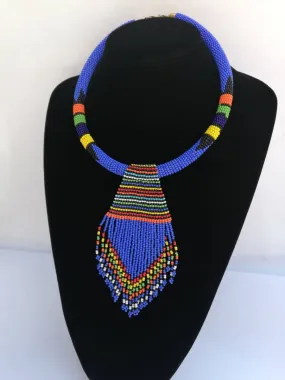 African beaded pendant necklace, Blue Fringe Beaded Necklace, Tribal Zulu, Maasai jewelry