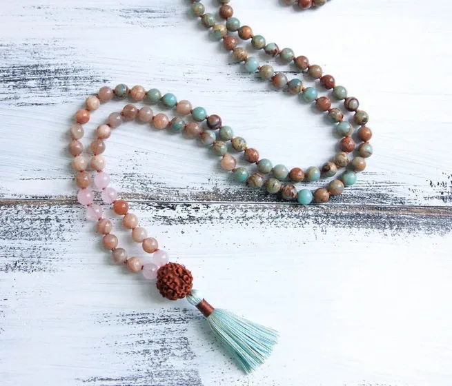 African Opal, Sunstone, Rose Quartz in 108 Beaded Necklace