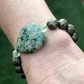 African Turquoise gemstone heart, Pyrite, and Green Topaz beaded bracelet