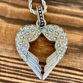 Angel Heart Wings Pendant - Bling Wings Rainbow Stone - Rope Necklace or Omega - LAP027