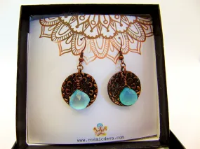 Aqua Blue Chalcedony Briolette Floral Copper Mandala Dangle Earrings